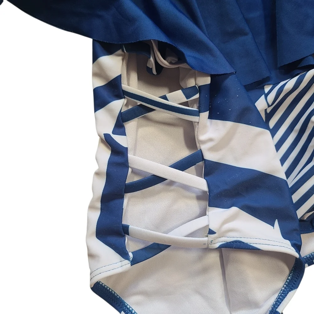 PatPat Girls 3-4Y Blue Geometric One-Shoulder Ruffle Swimsuit Cutout